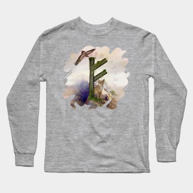 Fehu Rune  Digital Art Collage Long Sleeve T-Shirt by Nartissima